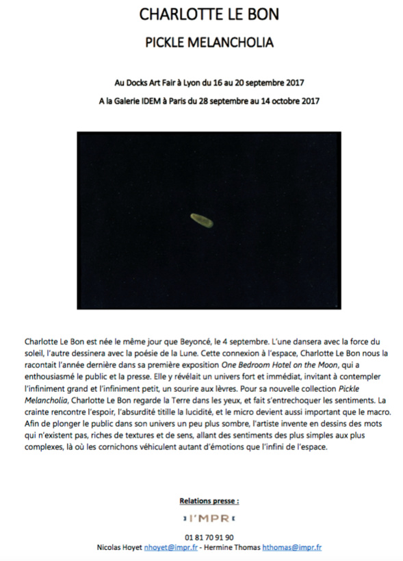 CHARLOTTE LE BON - Exposition PICKLE MELANCHOLIA - Lyon -Paris CHARLOTTE LE BON - Exposition PICKLE MELANCHOLIA - Lyon -Paris