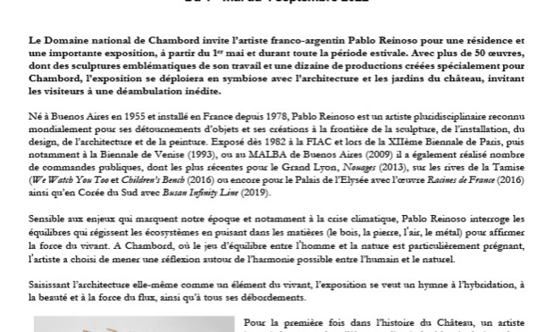 Chambord présente une exposition inédite de plus de 50 œuvres de l’artiste Pablo Reinoso « DEBORDEMENTS »